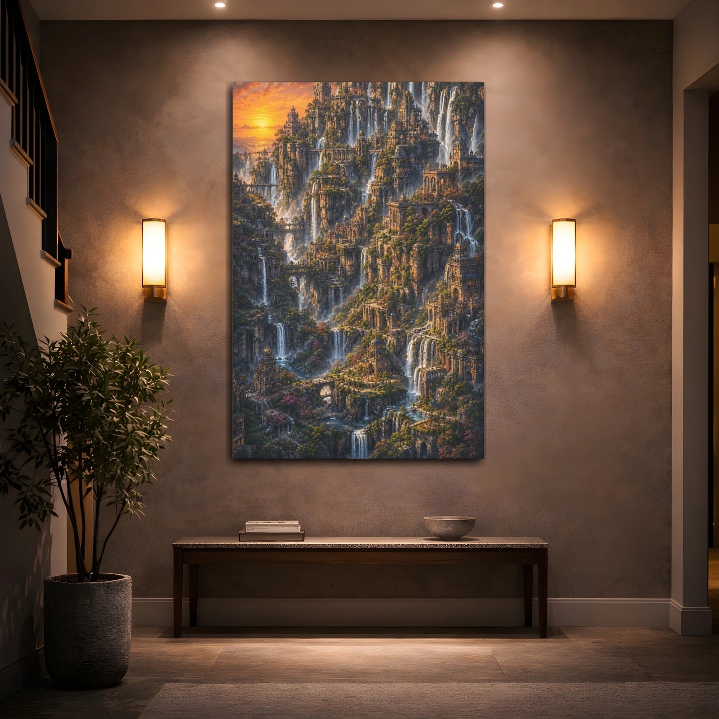 Mockup 2. Cliffside Waterfall City shown as canvas print