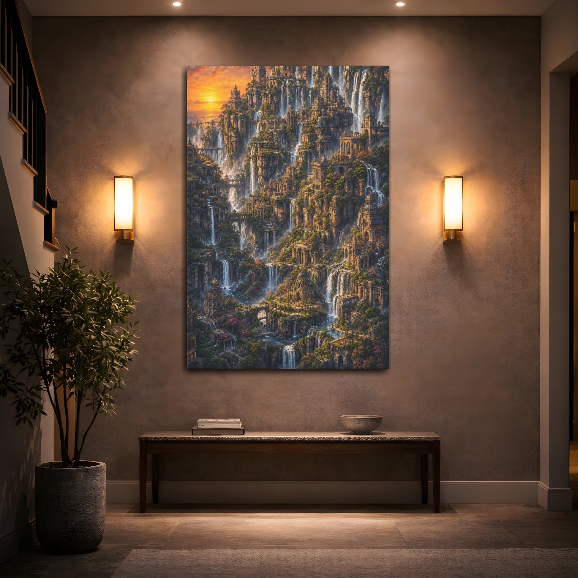 Mockup 2. Cliffside Waterfall City shown as canvas print