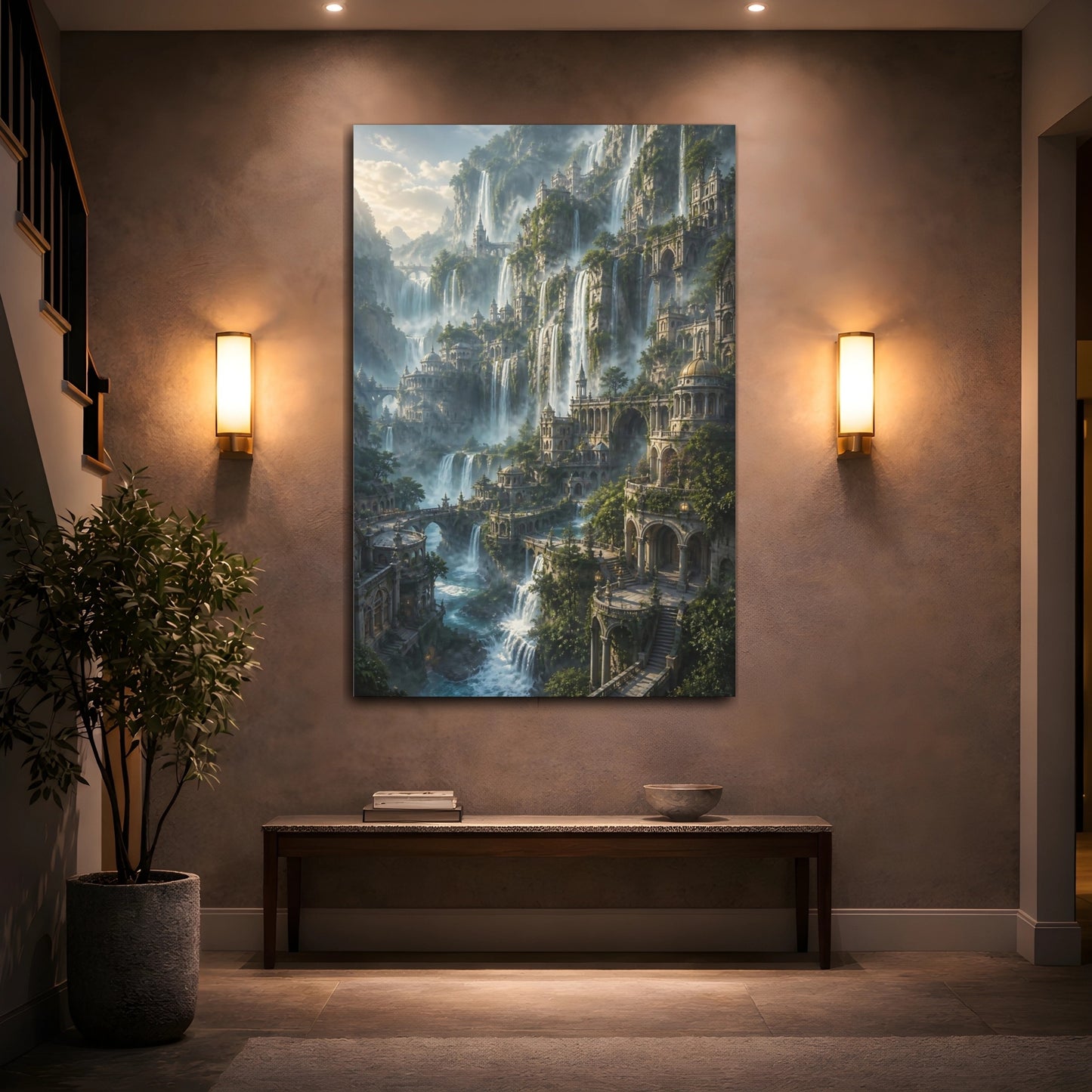 Mockup 2. Cliffside Waterfall City shown as canvas print