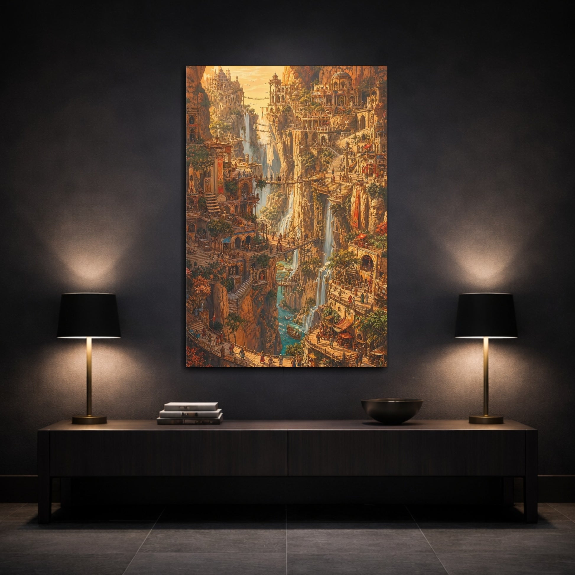 Mockup 3. Cliffside Waterfall City shown as canvas print