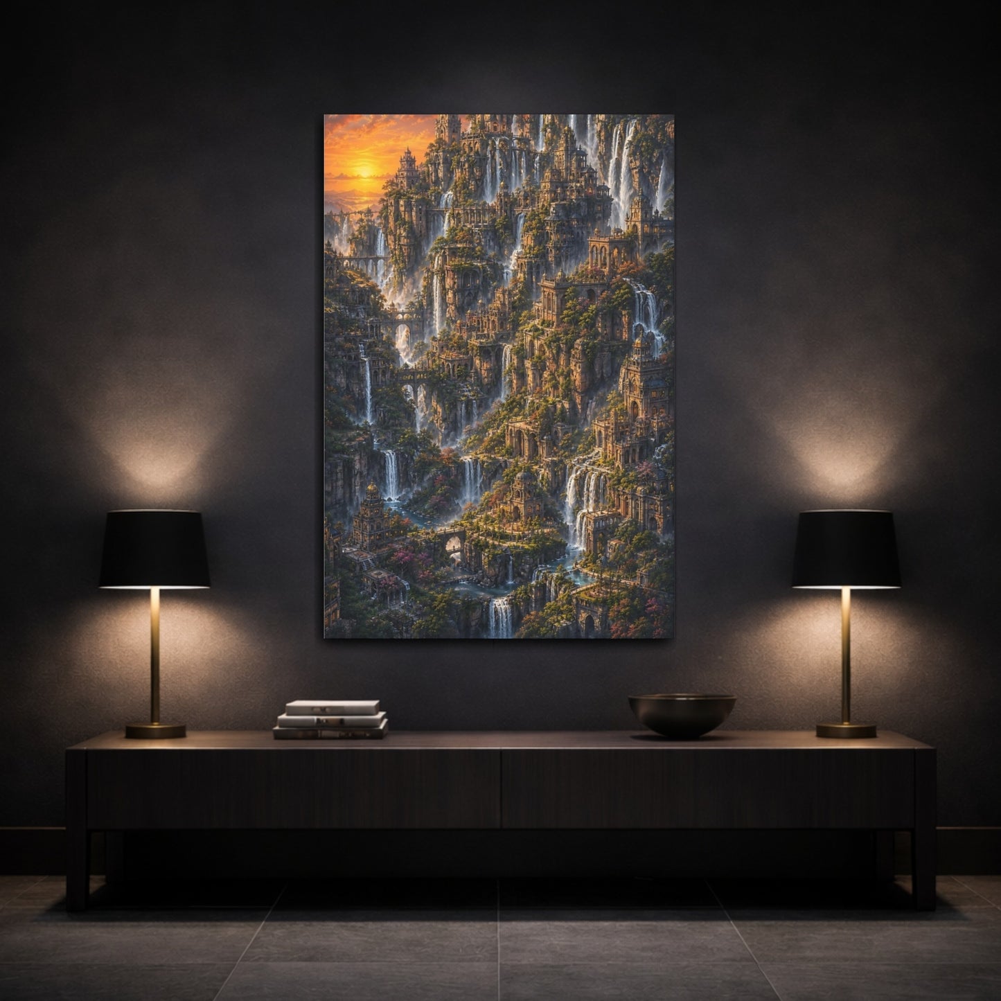 Mockup 3. Cliffside Waterfall City shown as canvas print