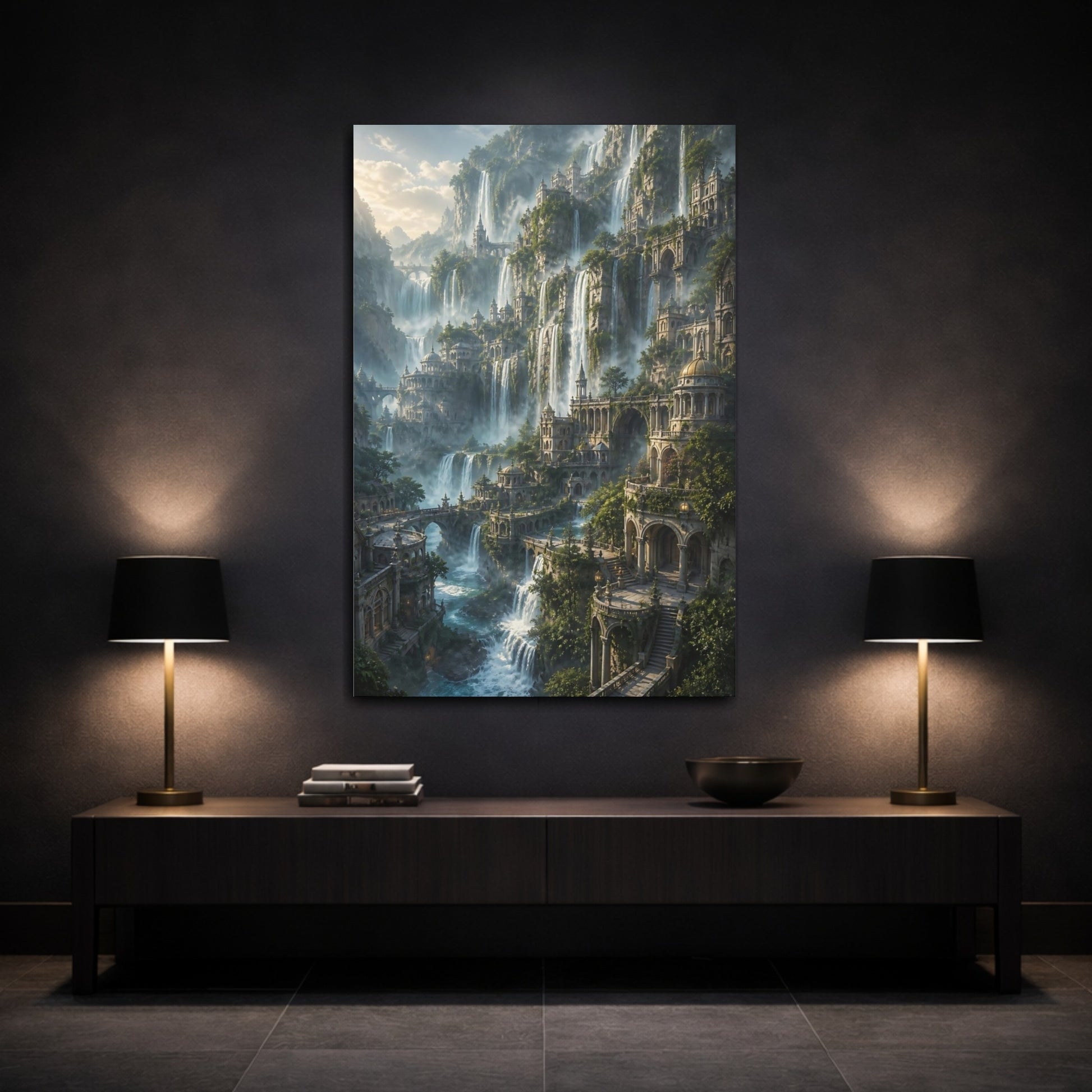 Mockup 3. Cliffside Waterfall City shown as canvas print