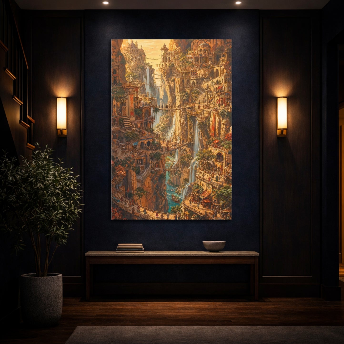 Mockup 4. Cliffside Waterfall City shown as canvas print