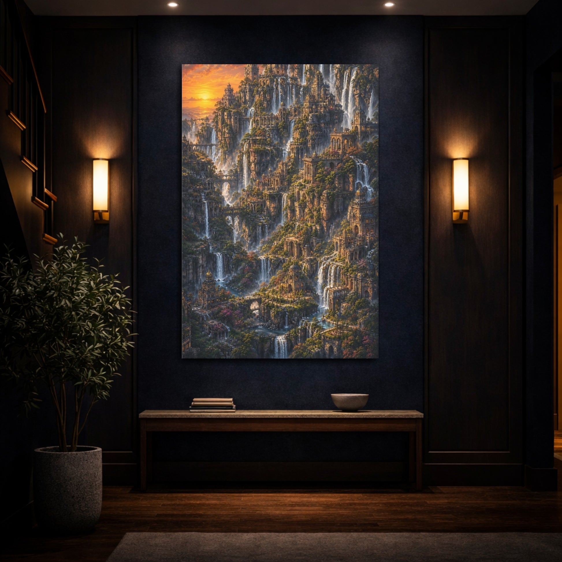 Mockup 4. Cliffside Waterfall City shown as canvas print