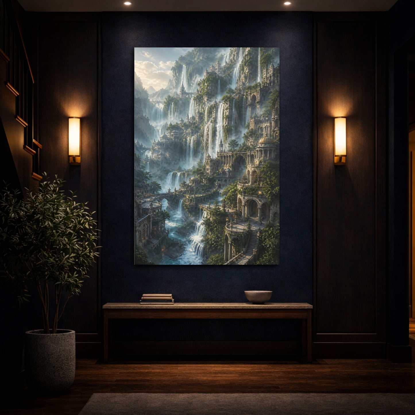 Mockup 4. Cliffside Waterfall City shown as canvas print