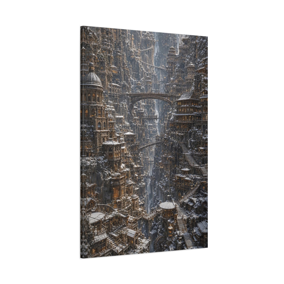 Side Mockup 1. Cliffside Winter City shown as canvas print