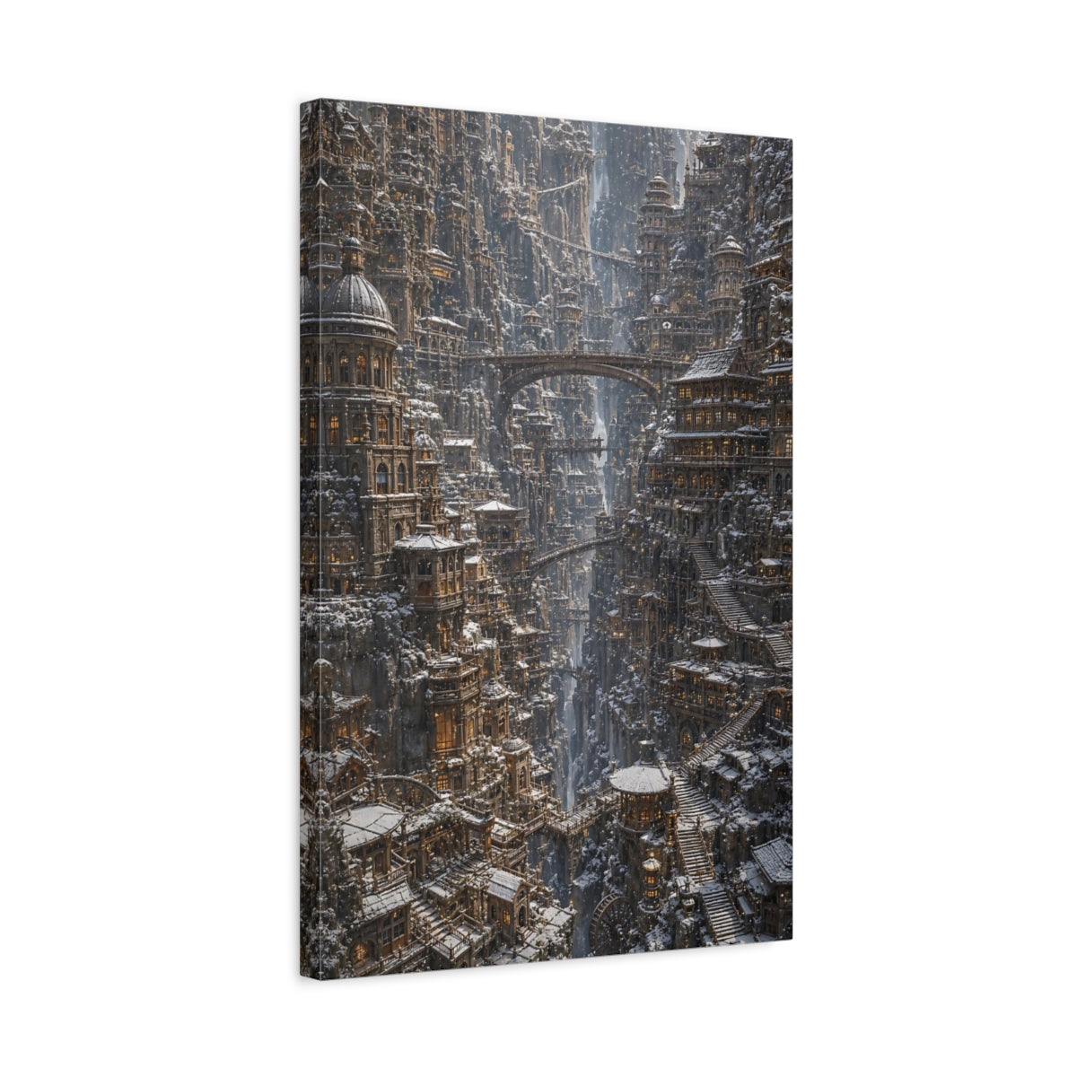 Side Mockup 3. Cliffside Winter City shown as canvas print
