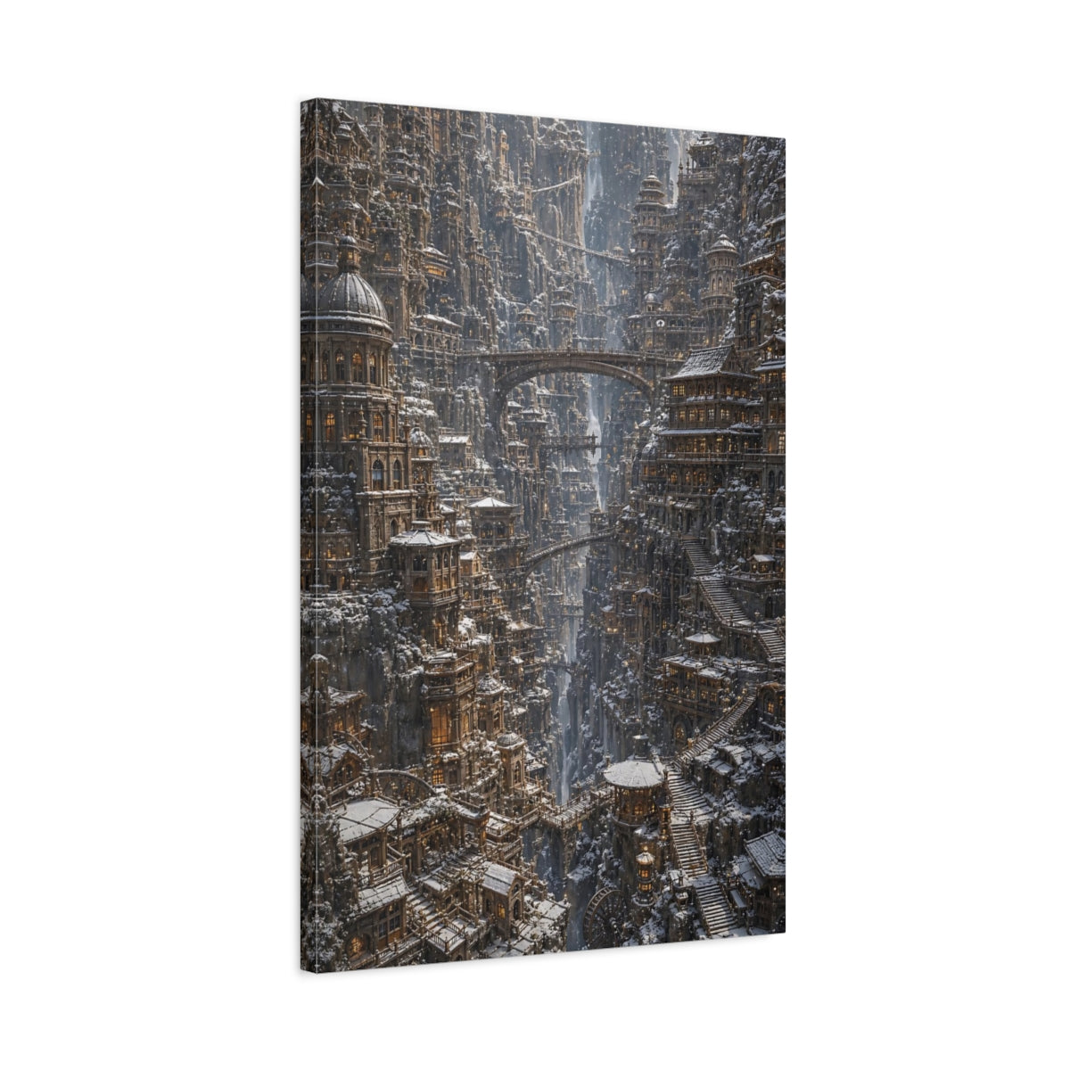 Side Mockup 2. Cliffside Winter City shown as canvas print