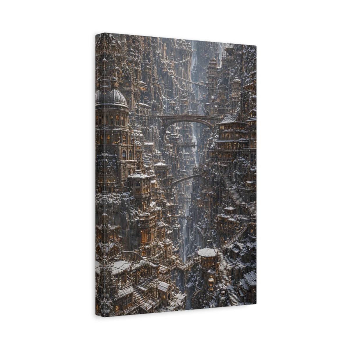 Side Mockup 4. Cliffside Winter City shown as canvas print