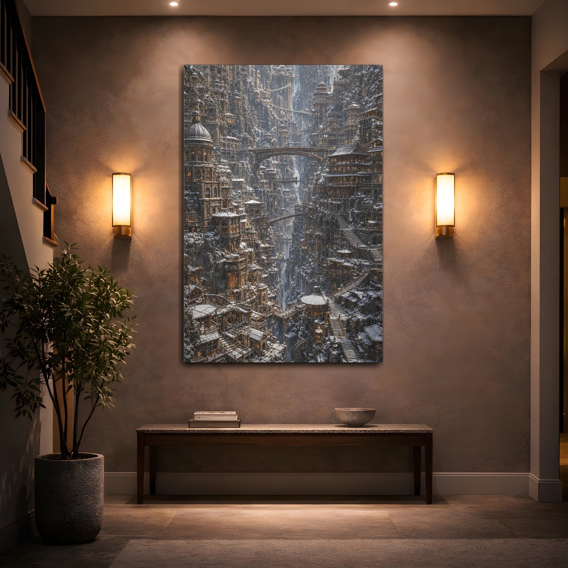 Mockup 2. Cliffside Winter City shown as canvas print