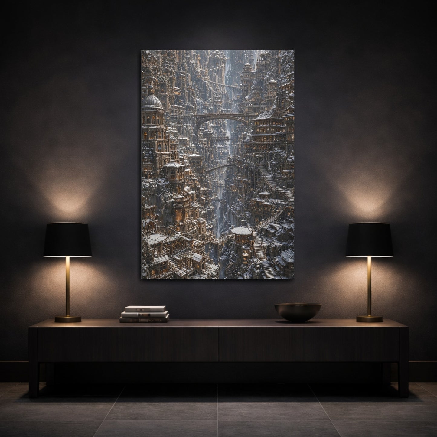 Mockup 3. Cliffside Winter City shown as canvas print