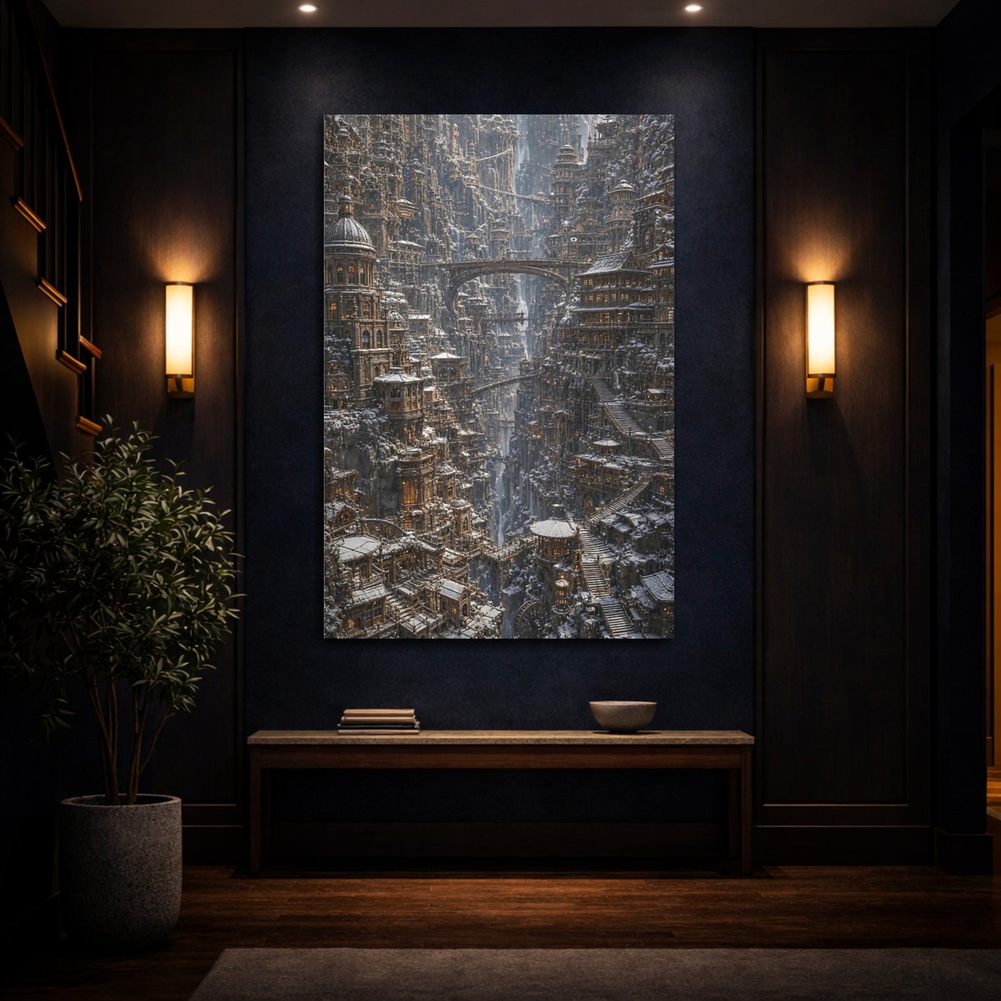 Mockup 4. Cliffside Winter City shown as canvas print