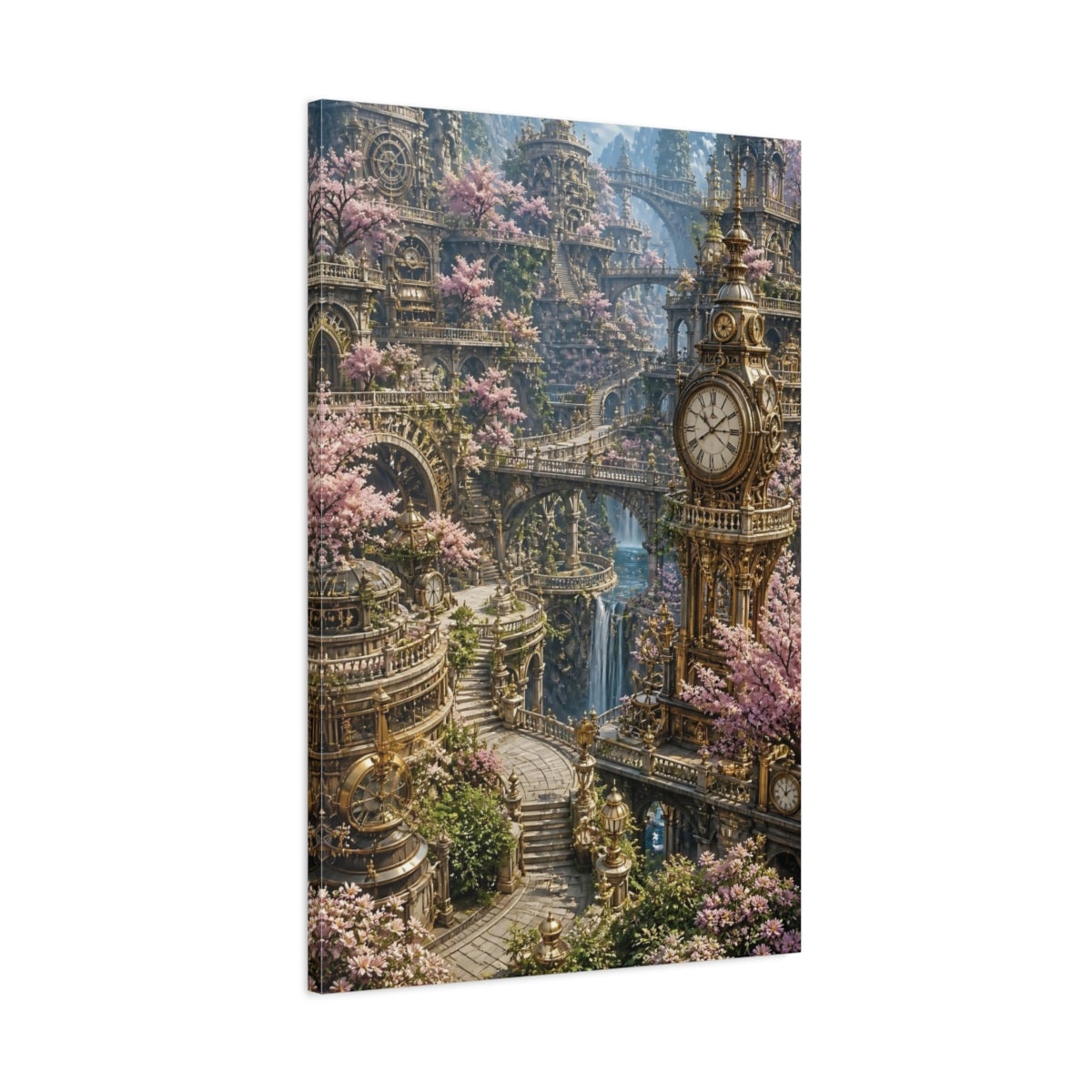 Main Mockup. Clock Tower Blossom Garden shown as canvas print