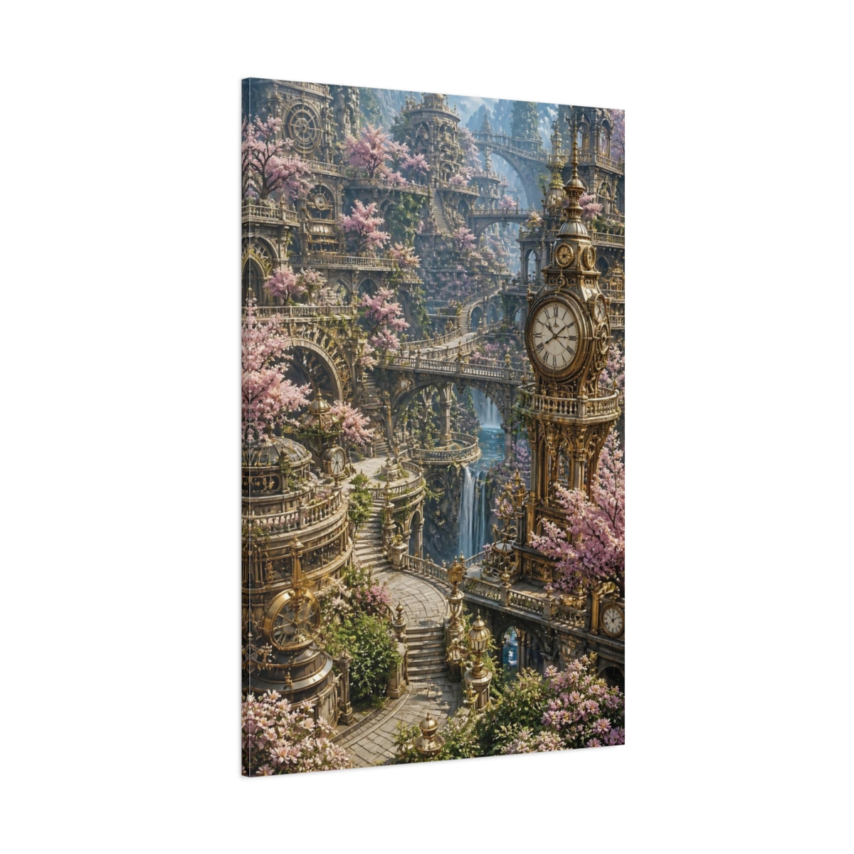 Side Mockup 1. Clock Tower Blossom Garden shown as canvas print