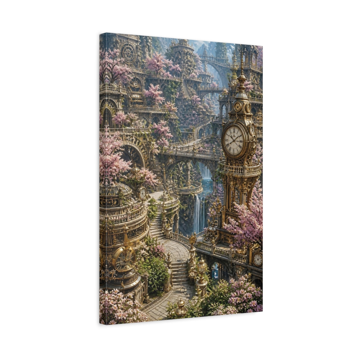 Side Mockup 3. Clock Tower Blossom Garden shown as canvas print