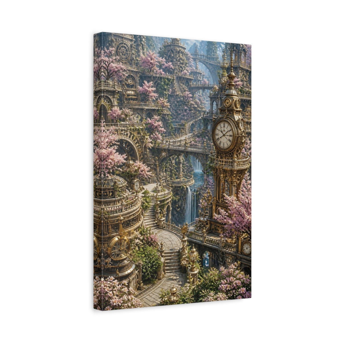 Side Mockup 4. Clock Tower Blossom Garden shown as canvas print