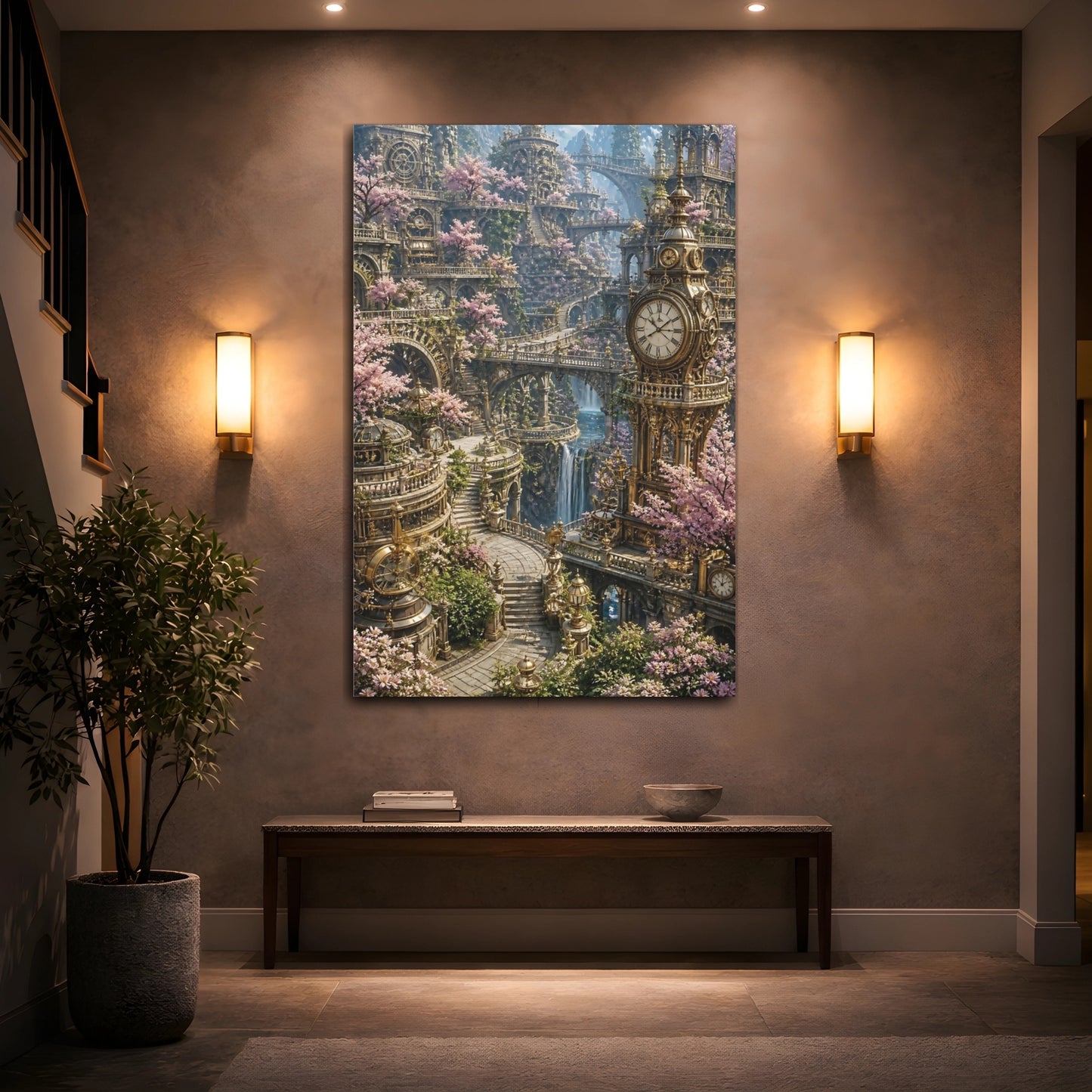 Mockup 2. Clock Tower Blossom Garden shown as canvas print