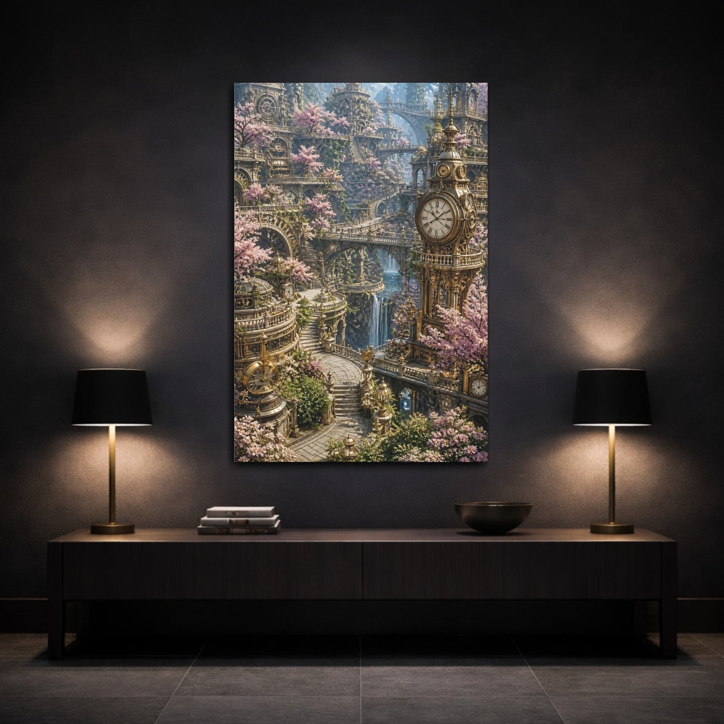 Mockup 3. Clock Tower Blossom Garden shown as canvas print