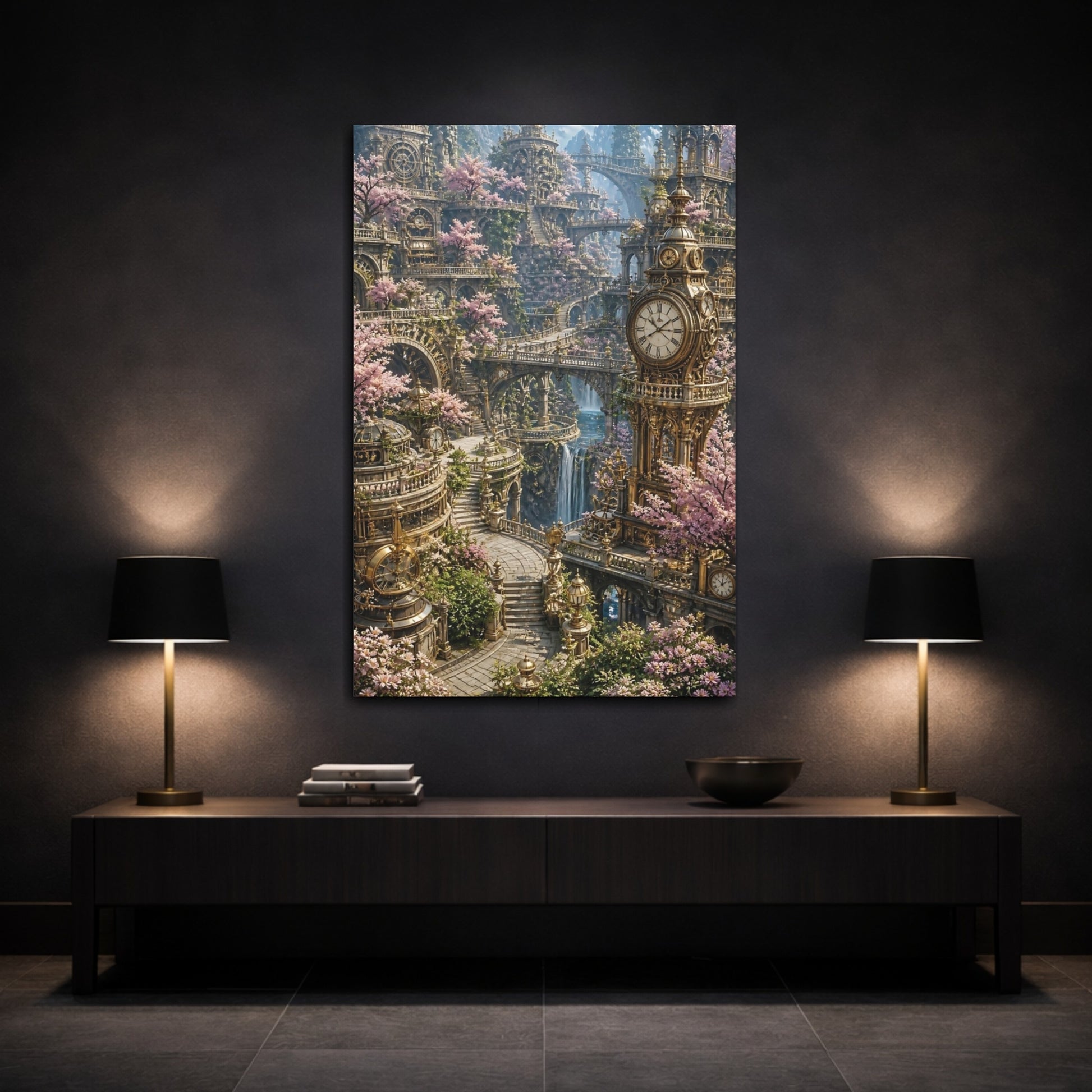 Mockup 3. Clock Tower Blossom Garden shown as canvas print