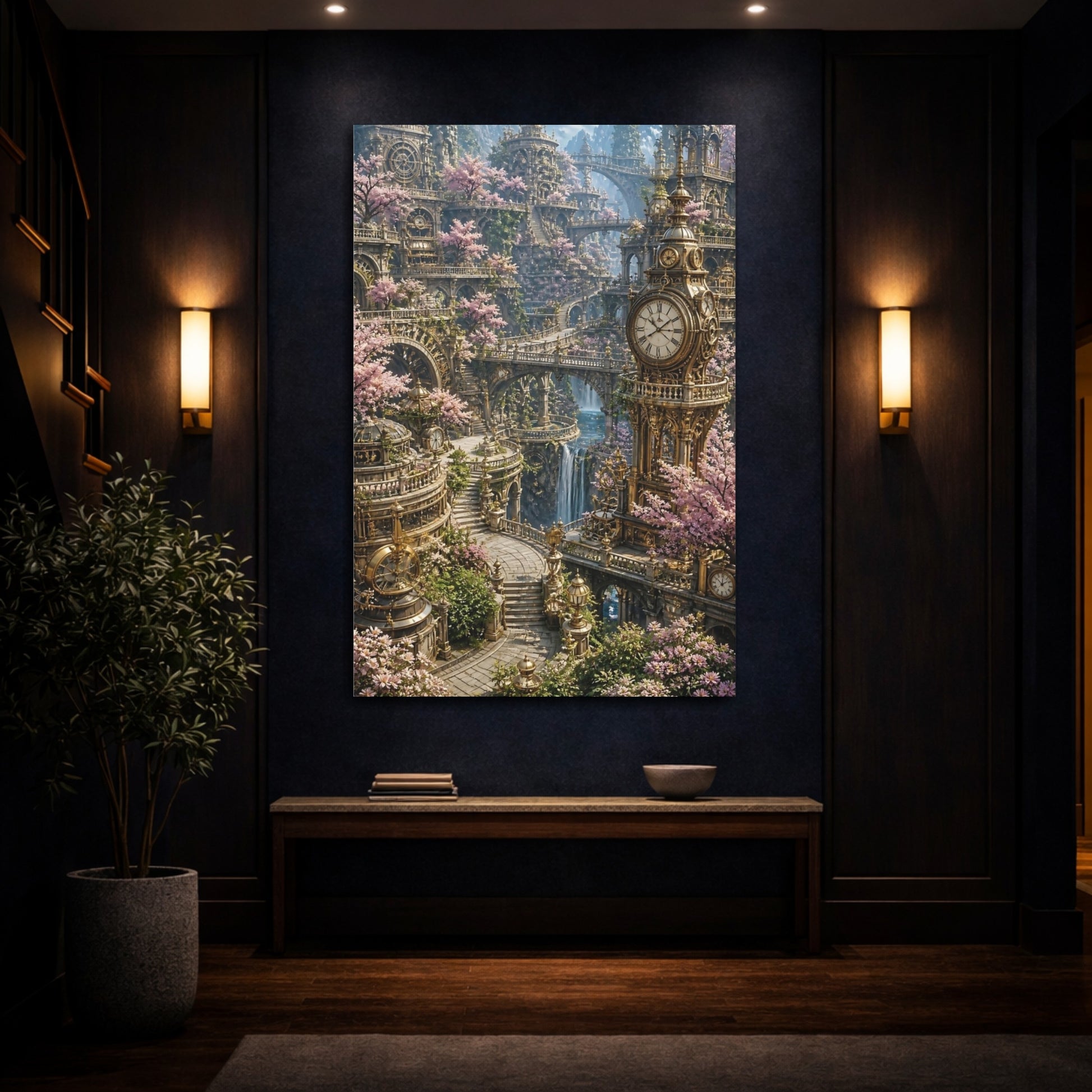 Mockup 4. Clock Tower Blossom Garden shown as canvas print