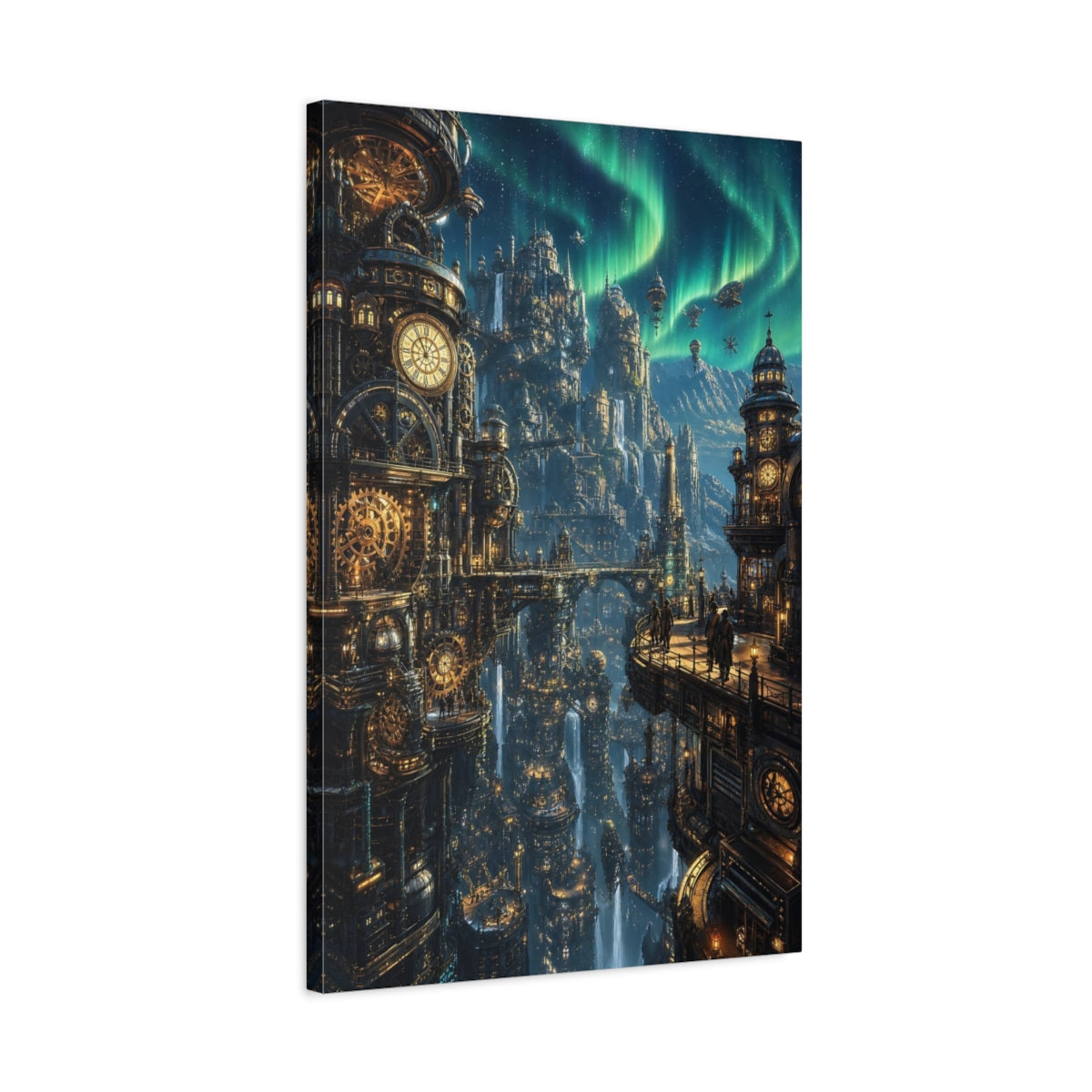 Side Mockup 2. Clockwork Aurora Citadel shown as canvas print