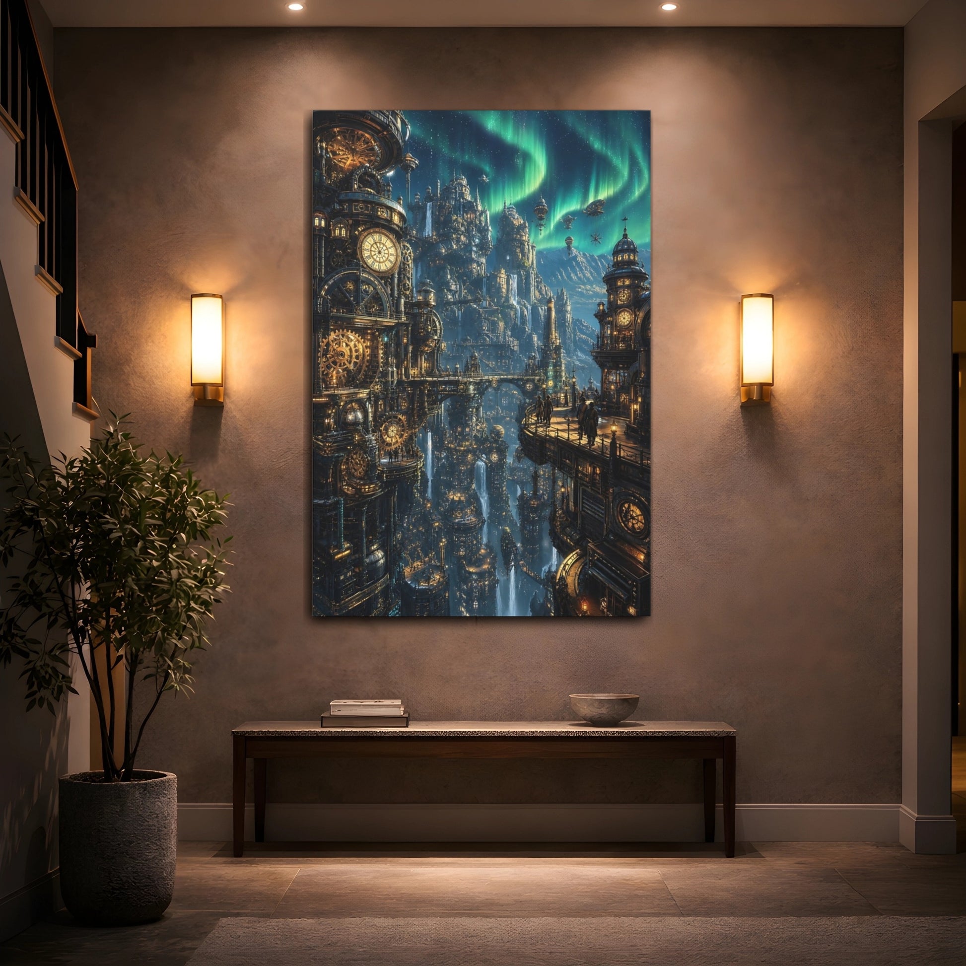 Mockup 2. Clockwork Aurora Citadel shown as canvas print