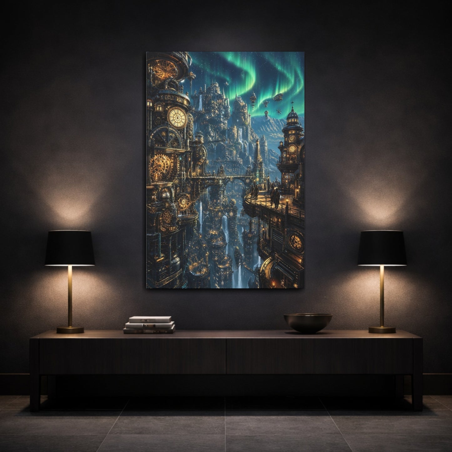 Mockup 3. Clockwork Aurora Citadel shown as canvas print