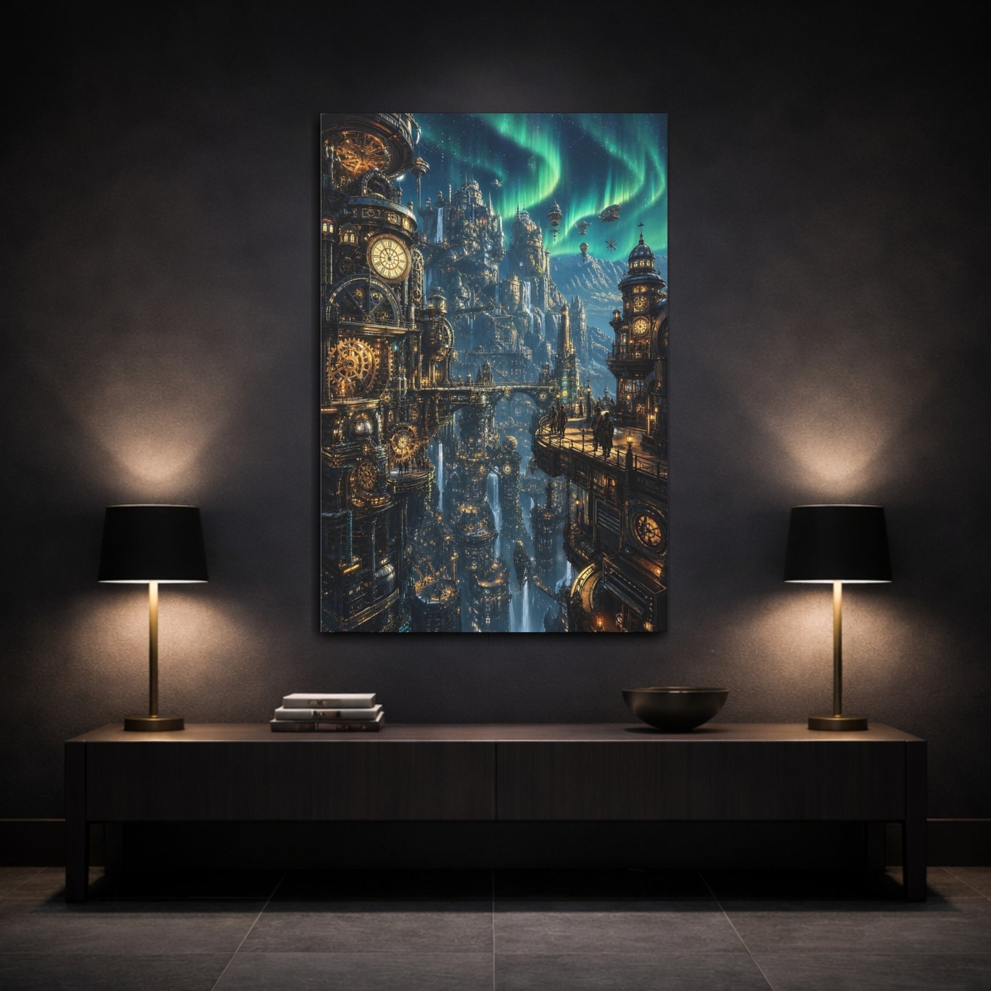 Mockup 3. Clockwork Aurora Citadel shown as canvas print