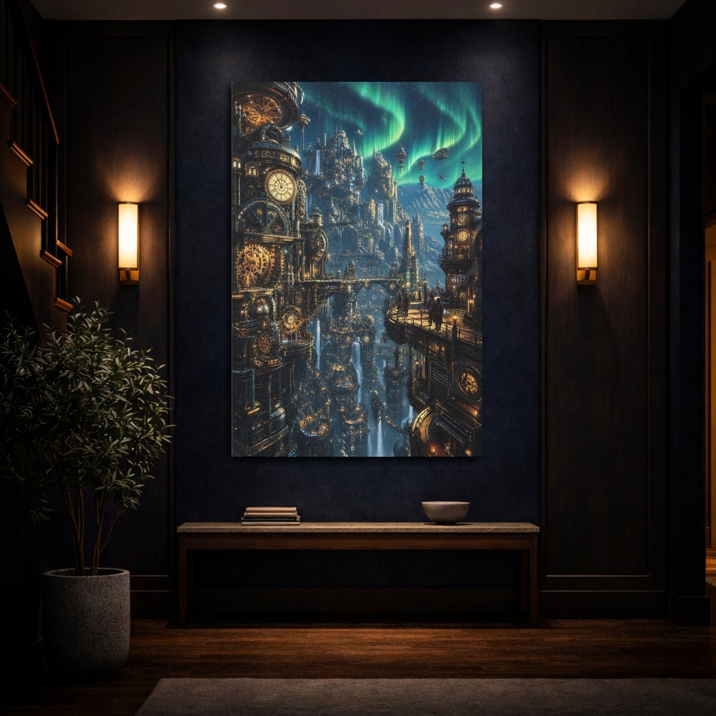 Mockup 4. Clockwork Aurora Citadel shown as canvas print