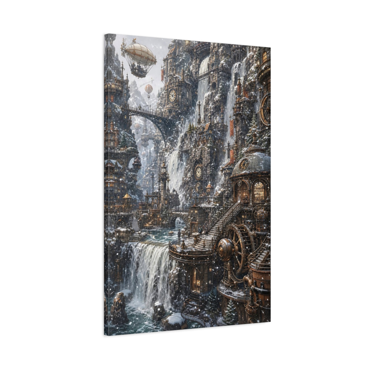 Main Mockup. Clockwork Cascade City shown as canvas print