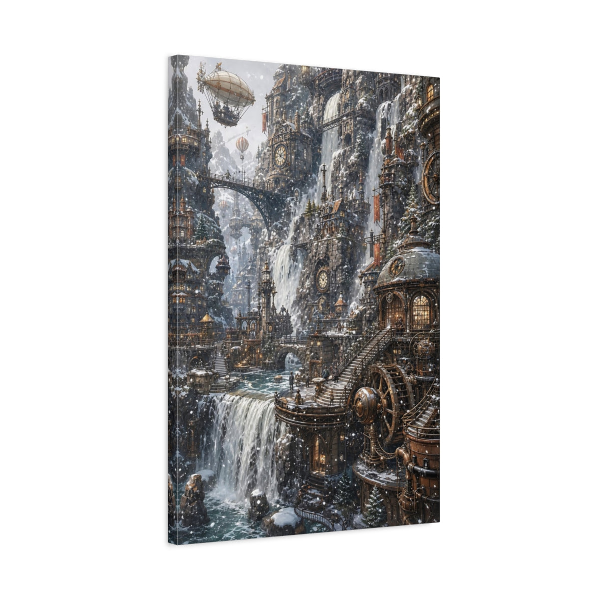 Side Mockup 2. Clockwork Cascade City shown as canvas print
