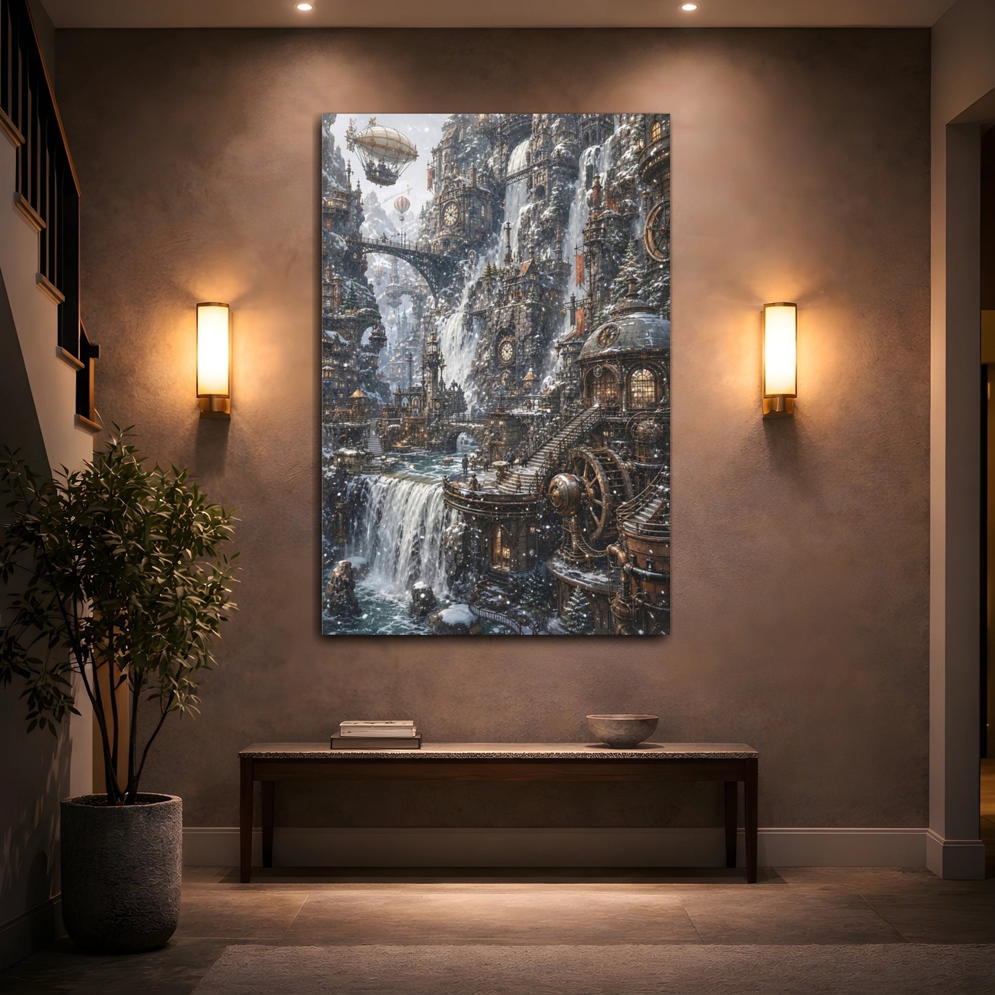 Mockup 2. Clockwork Cascade City shown as canvas print