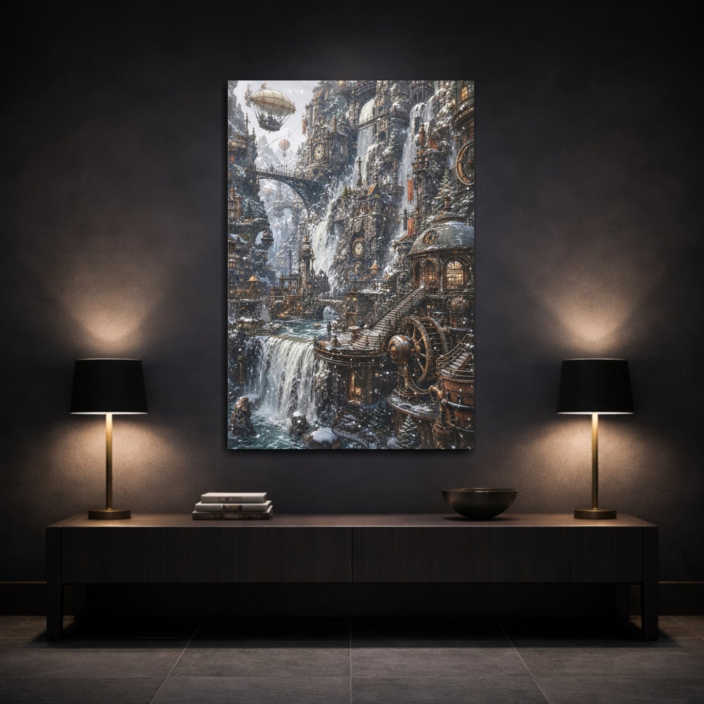 Mockup 3. Clockwork Cascade City shown as canvas print