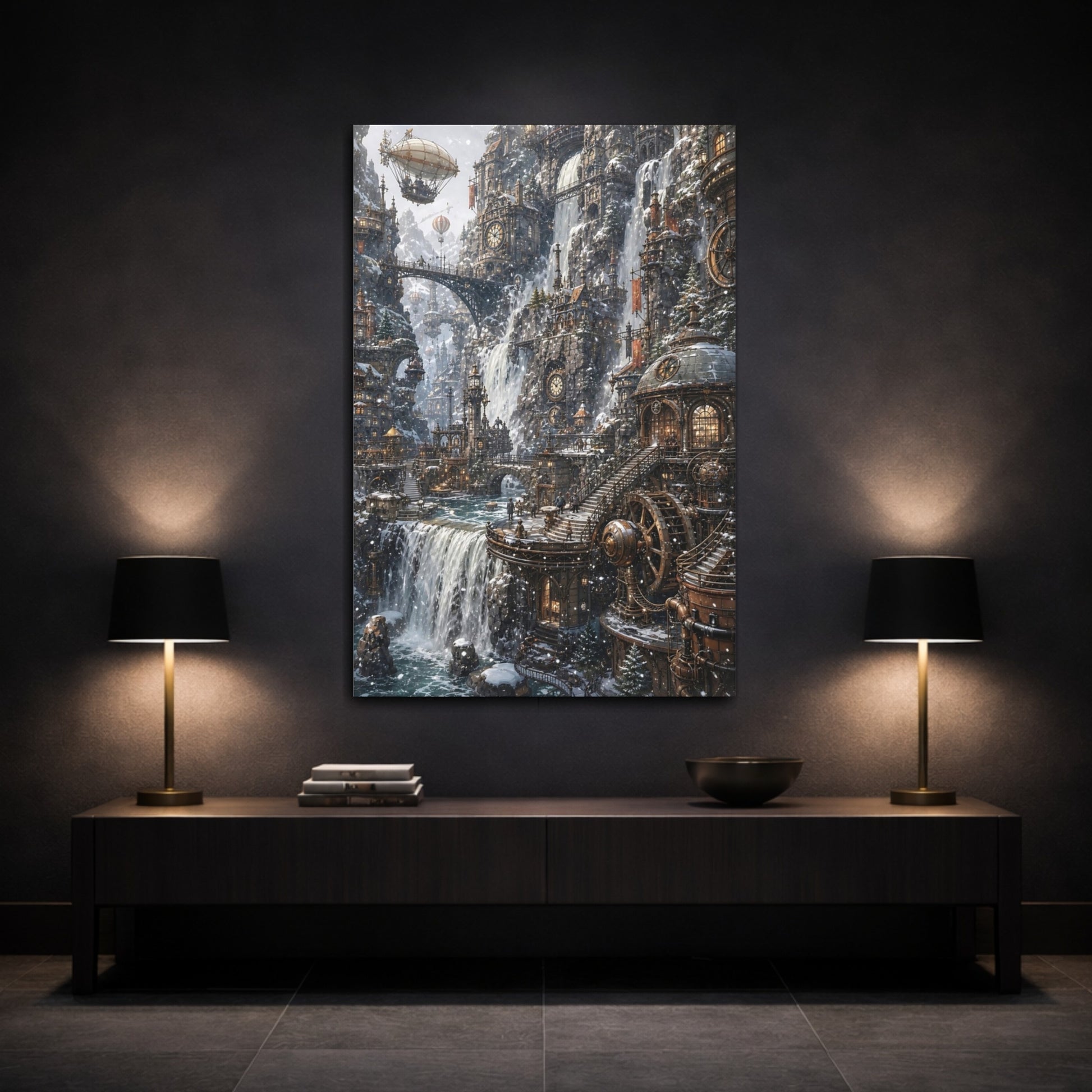 Mockup 3. Clockwork Cascade City shown as canvas print