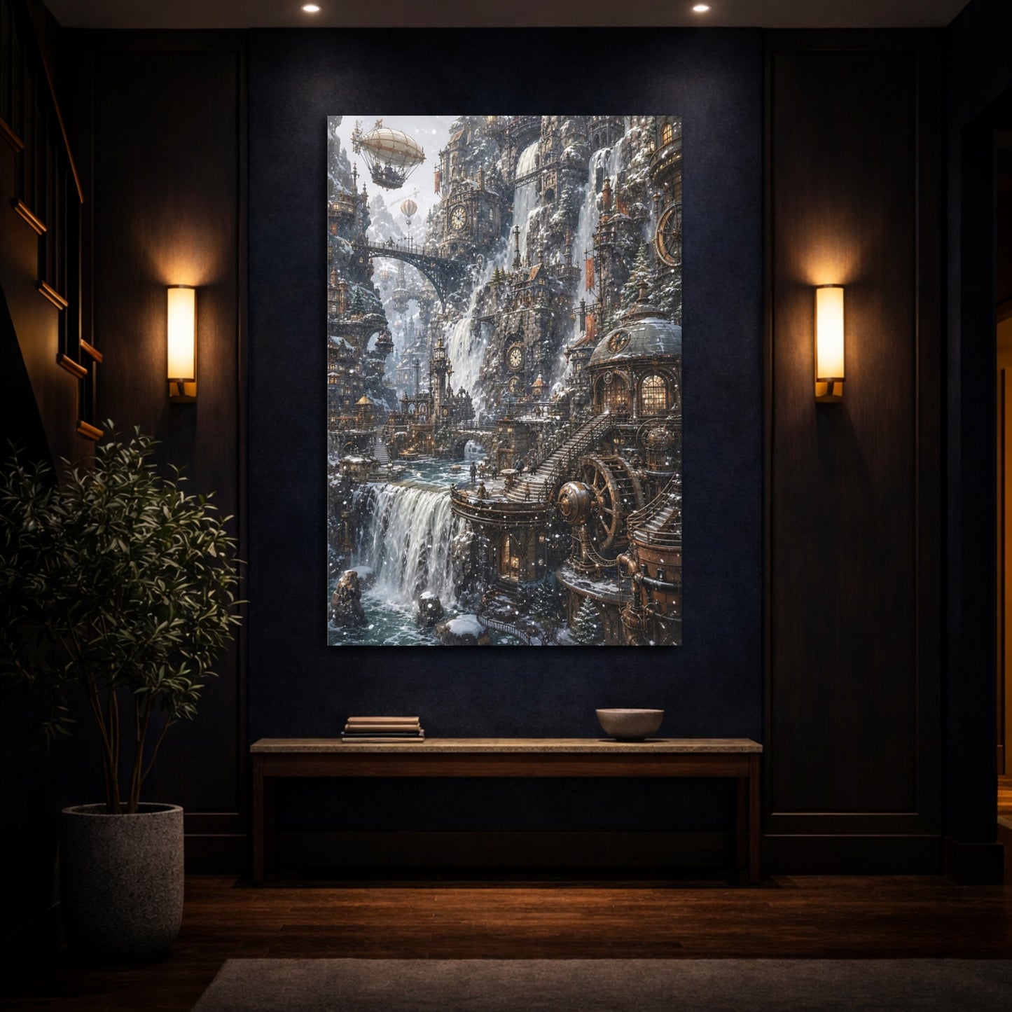 Mockup 4. Clockwork Cascade City shown as canvas print
