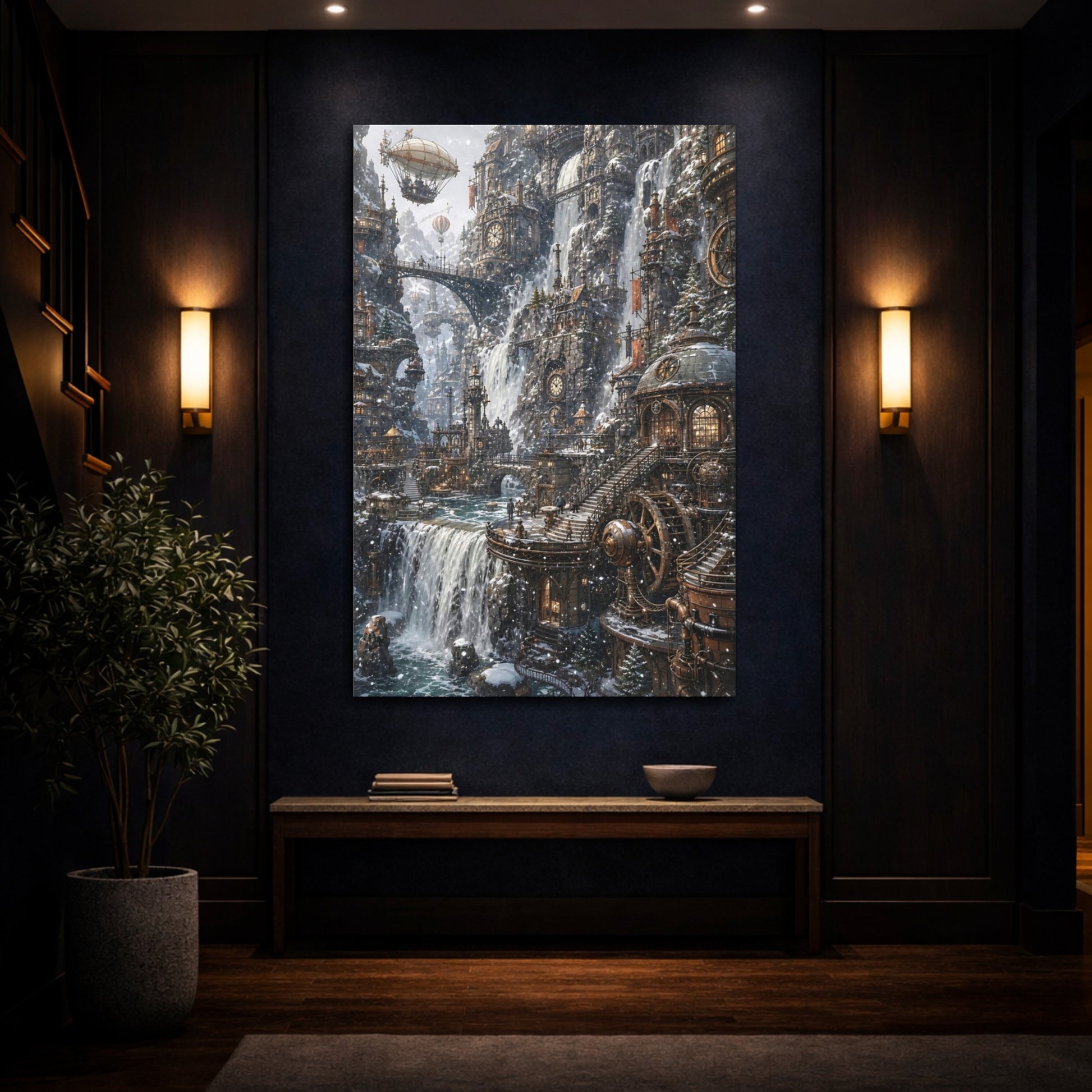Mockup 4. Clockwork Cascade City shown as canvas print