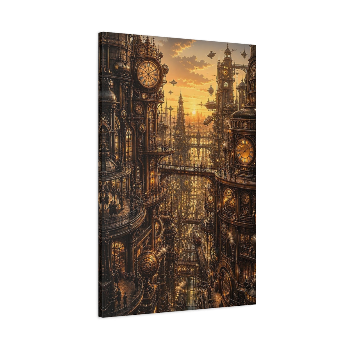 Main Mockup. Clockwork City At Sunset shown as canvas print