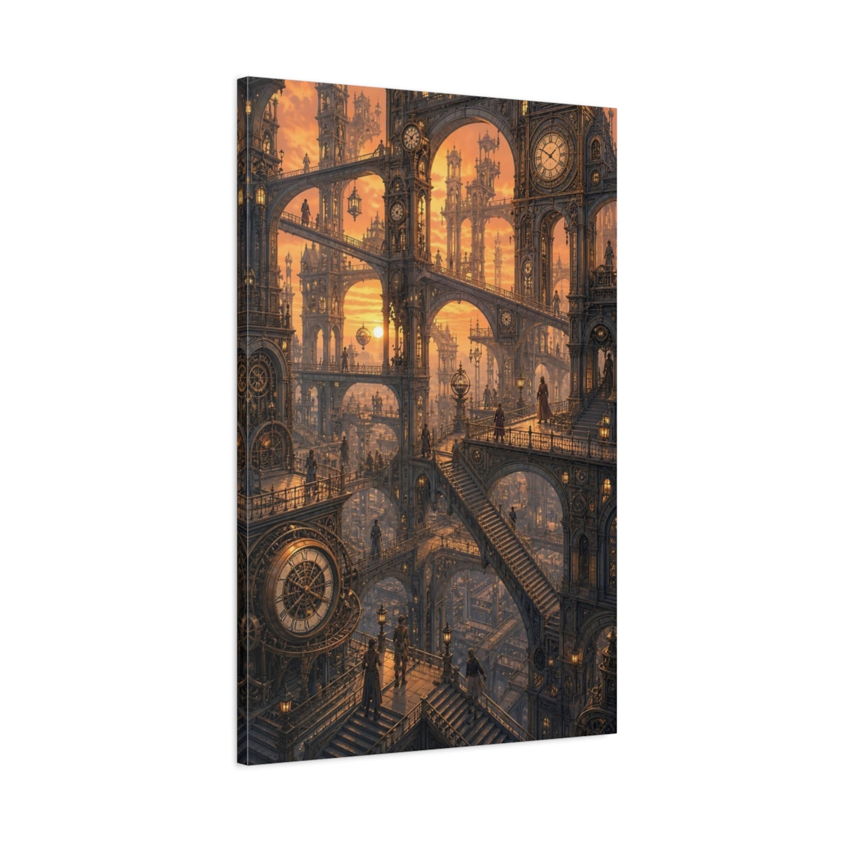 Main Mockup. Clockwork City At Sunset shown as canvas print