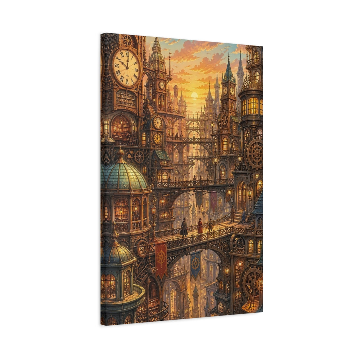 Side Mockup 2. Clockwork City At Sunset shown as canvas print