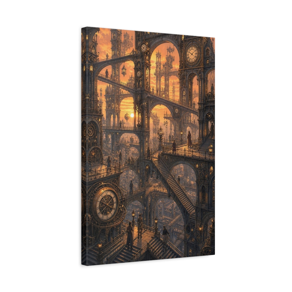 Side Mockup 3. Clockwork City At Sunset shown as canvas print