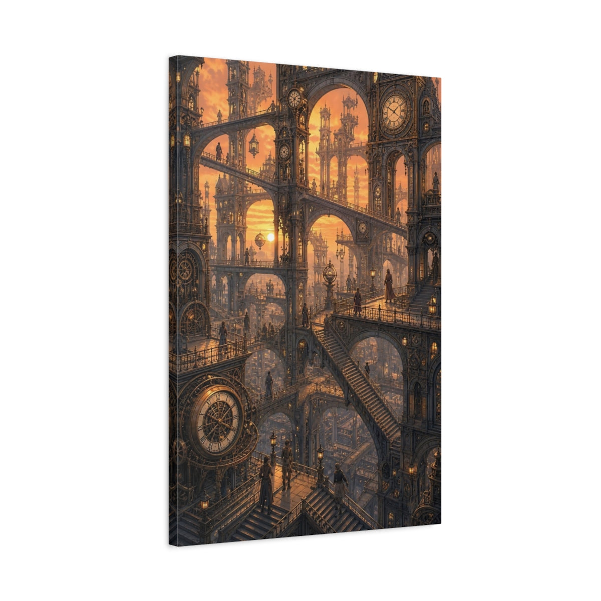 Side Mockup 2. Clockwork City At Sunset shown as canvas print