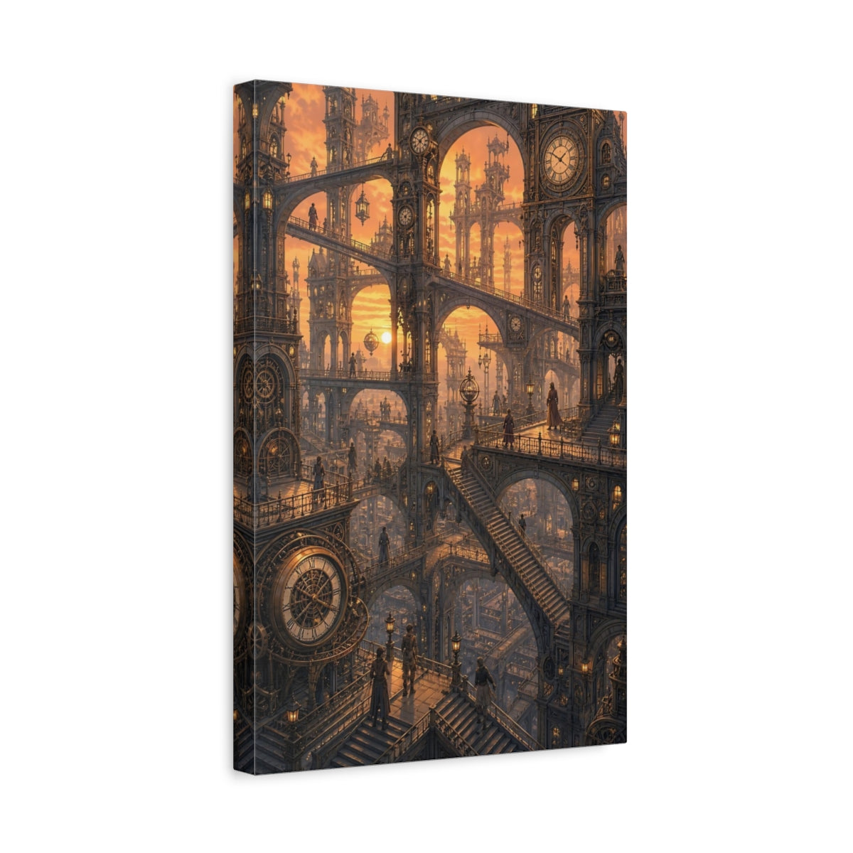 Side Mockup 4. Clockwork City At Sunset shown as canvas print