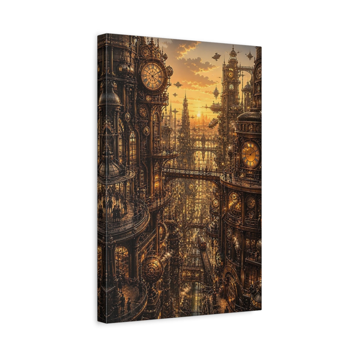 Side Mockup 4. Clockwork City At Sunset shown as canvas print