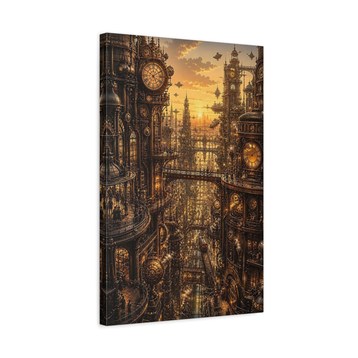 Side Mockup 3. Clockwork City At Sunset shown as canvas print