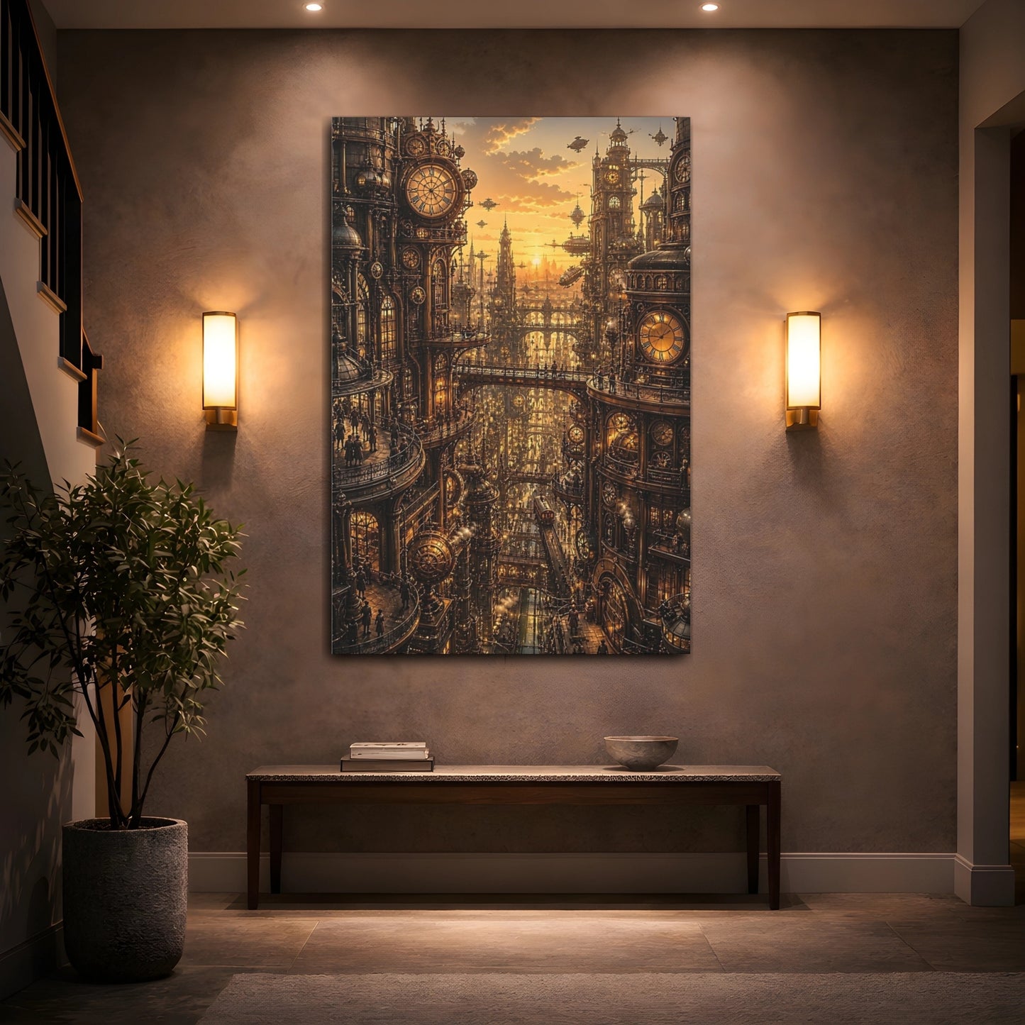 Mockup 2. Clockwork City At Sunset shown as canvas print