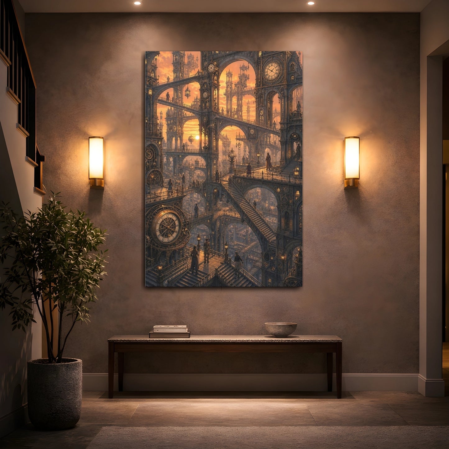 Mockup 2. Clockwork City At Sunset shown as canvas print