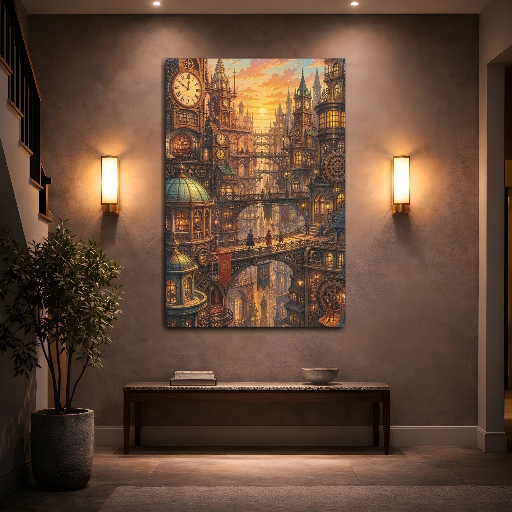Mockup 2. Clockwork City At Sunset shown as canvas print