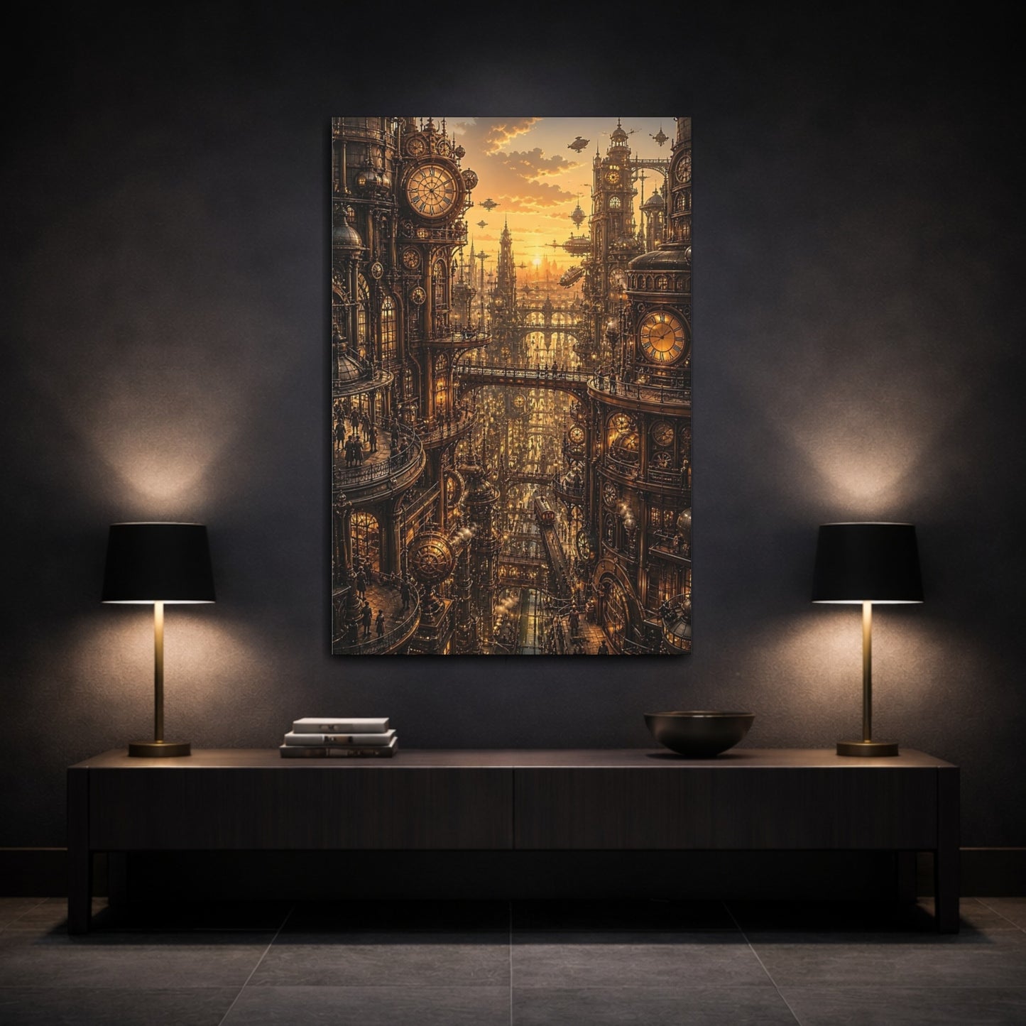 Mockup 3. Clockwork City At Sunset shown as canvas print