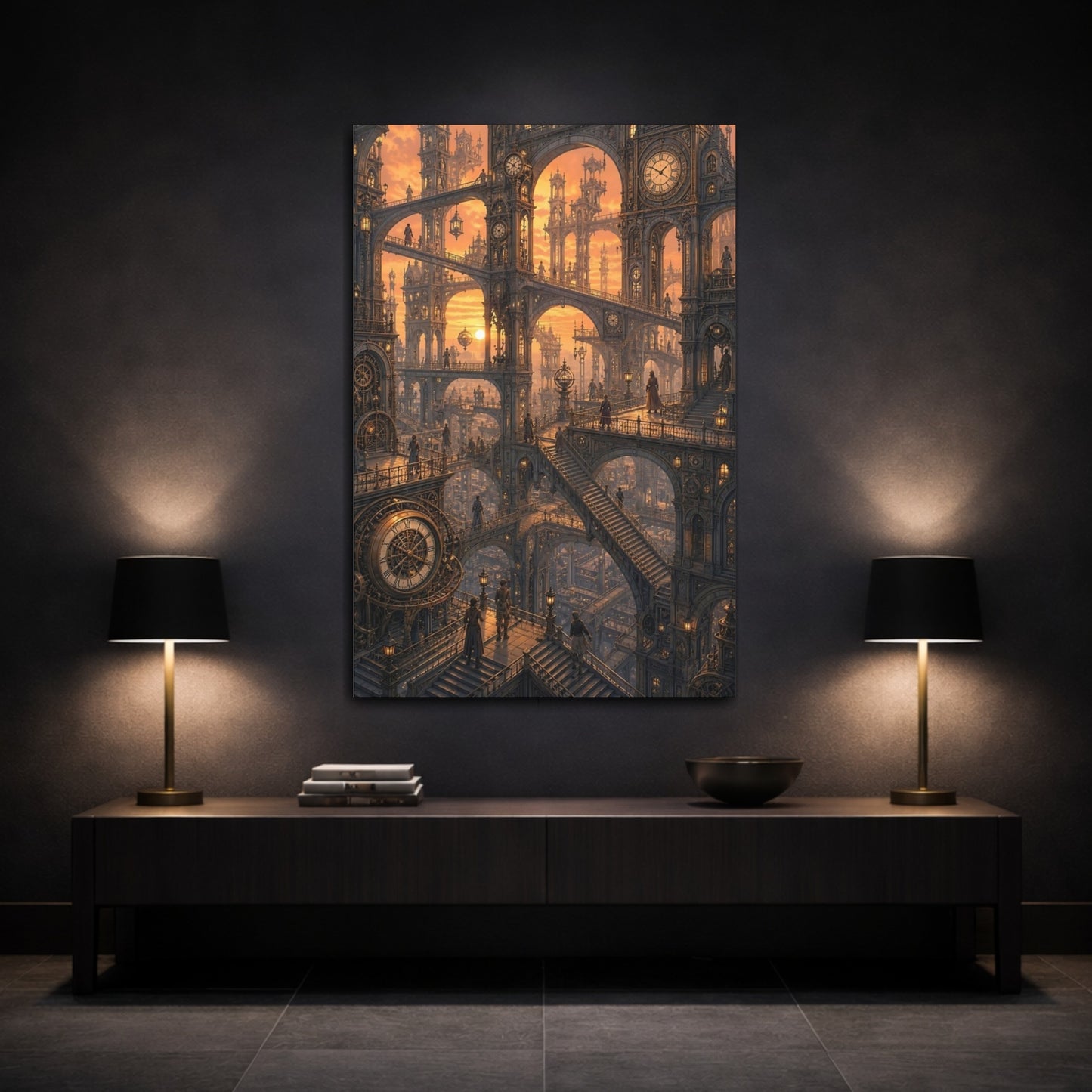 Mockup 3. Clockwork City At Sunset shown as canvas print