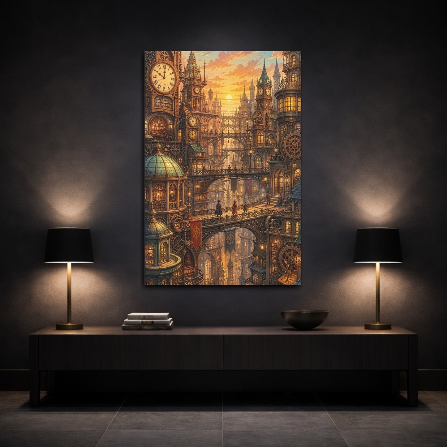 Mockup 3. Clockwork City At Sunset shown as canvas print